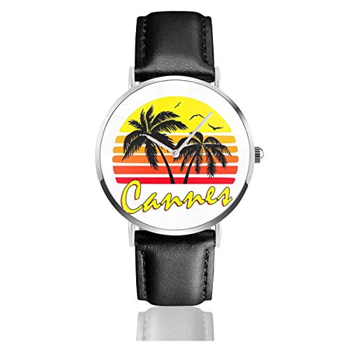 Cannes Vintage Sun Watches Reloj de Cuero de Cuarzo con Correa de Cuero Negra para Regalo de colección