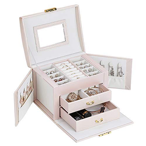 CheerlueY Jewellery Box Jewelry Storage Organiser Multi-layer Jewelry Storage Case With Lock and Mirror for Girls and Women's Gift, Earring Rings Organizer Portable Jewelry Storage Box (Pink/Black)
