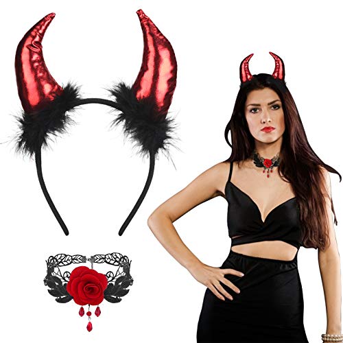 CINVEED Disfraz de Cuernos de Diablo de Halloween, Cuerno de Diablo Pelo Aro Rojo con Collar encaje Accesorios Cosplay para Disfraz de Mujer Masquerade y Carnaval