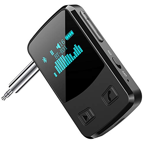 Cocoda Receptor Bluetooth Audio, Adaptador Bluetooth 5.0 con 3.5mm AUX y Pantalla OLED para Llamadas Manos Libres/Estéreo Doméstico/TV, Portátil Cancelación de Ruido Transmisor Bluetooth para Coche