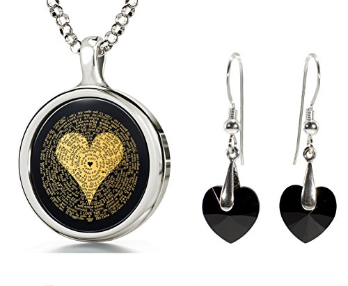 Collar I Love You en 120 idiomas y negro corazón de cristal pendientes joyería Set, 18 " Collar I Love You en 120 idiomas y negro corazón de cristal pendientes joyería Set, 18 "