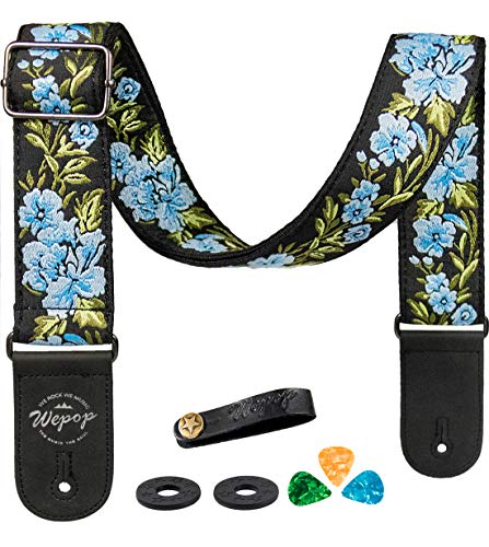 Correa Para Guitarra Flor Rosa Algodón Tejido con Extremos De Cuero, Púas,Bundle Para Bajo Acústica Eléctrica Guitarra Accesorios (azul)