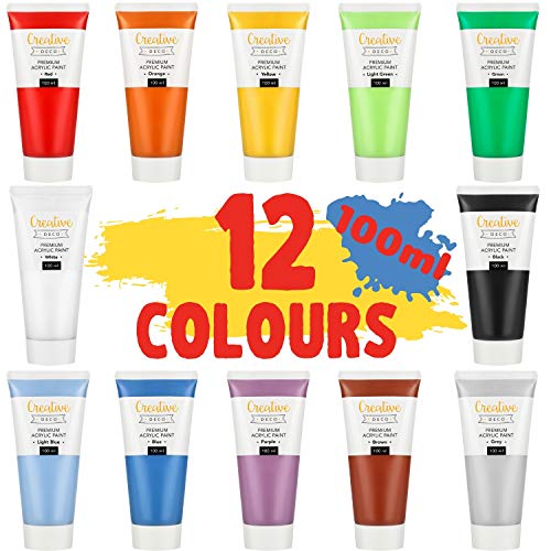 Creative Deco Pintura Acrílica Manualidades | Set 12 Tubos x 100 ml | No Tóxicas | Kit Principiantes Estudiantes y Artistas Profesionales | para Pintar en Madera Lienzo Tela y Papel Creative Deco Pintura Acrílica Manualidades | Set 12 Tubos x 100 ml | No Tóxicas | Kit Principiantes Estudiantes y Artistas Profesionales | para Pintar en Madera Lienzo Tela y Papel