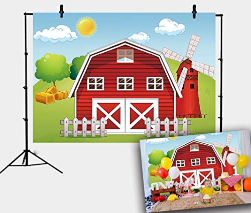 Daniu Telón de fondo de 2,1 x 1,5 m, diseño de animales de granja, casa roja, granja, molino de viento, telón de fondo para niños, fiesta de cumpleaños para fotografía, decoración de fotomatón