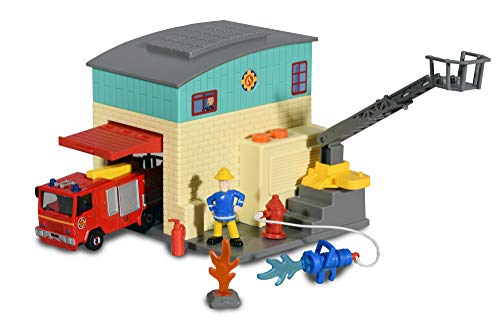 Dickie Toys Estación de Bomberos Sam Station con Puerta y rampa de Disparo, Incluye Coche de Jupiter y Figura de Sam