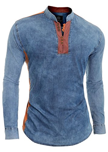 D&R Fashion Camisa Vaquera Azul para Hombre V-Cuello Cuello Alto Parche de Codo Slim Fit