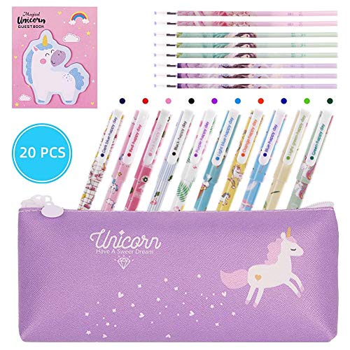 Dsaren 20 Piezas Set de Papelería Bolígrafos de Flamencos Unicornio Estuche Lápiz Notas Autoadhesivas Bonitas y Recargas, Regalo de Cumpleaños para Niñas Niños Suministros Escolares (Púrpura)