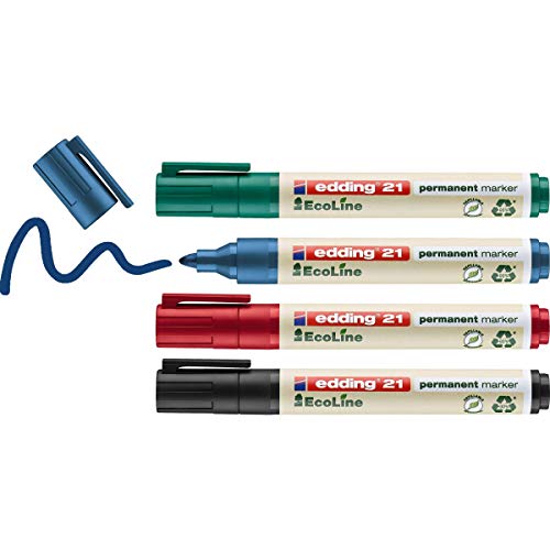 edding 21/4 S - Caja de 4 marcadores permanentes con punta redonda, tinta permanente, resistente al agua, fabricados con material recilado, multicolor