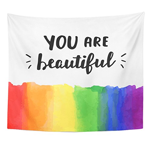 Emvency Tapestry You are Beautiful Inspirational Gay Pride with Watercolor Rainbow Spectrum Flag Brush Lettering Home Decor Wall Hanging for Living Room Bedroom Dorm