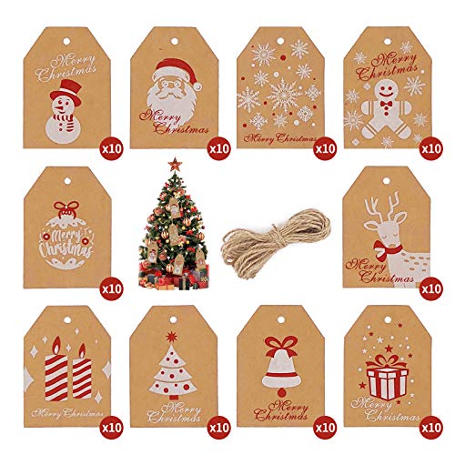 Etiquetas de regalo Navidad, Navidad Etiquetas de Papel Kraft, Etiquetas de regalo colgantes con cuerdas de yute perfecto para manualidades y decoración de regalo (100pcs)
