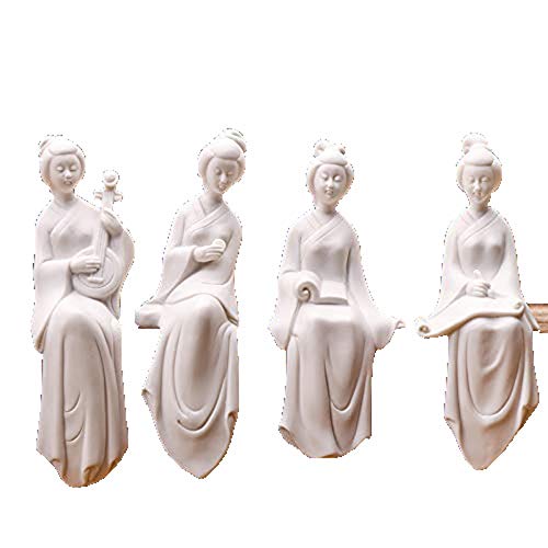 Fashion158 Juego de cuatro piezas de porcelana blanca artesanal clásica regalo chino figuras de cerámica pequeños adornos Qin ajedrez caligrafía y pintura para damas decoración del hogar