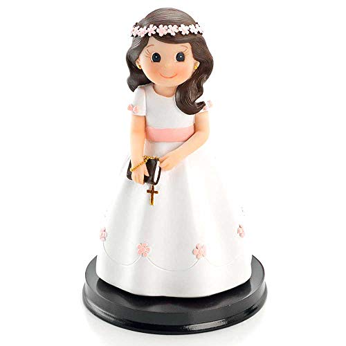 Figura tarta niña Comunión con vestido blanco, detalles flores y fajín en rosa. Recuerdo pastel Primera Comunión chica. Figura tarta niña Comunión con vestido blanco, detalles flores y fajín en rosa. Recuerdo pastel Primera Comunión chica.