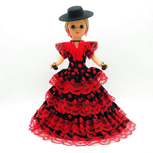Folk Artesanía Muñeca Sintra 42 cm Similar Nancy Famosa Vestido Regional típico Andaluza con Sombrero cordobesa. (Rojo con Lunares Negros)