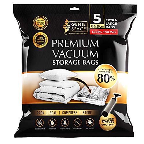 GENIE SPACE - Bolsas de Vacío Premium Increíblemente Fuertes Ahorro Espacio | 5 x Extra Grande - 100x80cm | Herméticas y Reutilizables | 80% más Espacio | Ropa, Toallas, Ropa de Cama, Edredones y más GENIE SPACE - Bolsas de Vacío Premium Increíblemente Fuertes Ahorro Espacio | 5 x Extra Grande - 100x80cm | Herméticas y Reutilizables | 80% más Espacio | Ropa, Toallas, Ropa de Cama, Edredones y más