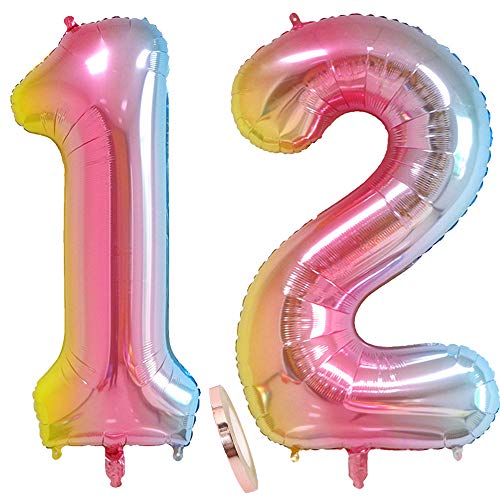 globos numeros 12 años, globo número 12 arcoíris para niña niño infantil, 40" Figuras helio globo inflable gigante,grande iridiscentes colores rosados rosa decoración fiesta de cumpleaños (xxxl 100cm)