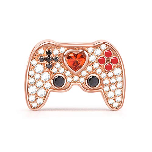 GNOCE Gamepad - Abalorio de plata de ley, diseño de jugador de juego de oro rosa con circonitas cúbicas, ideal como regalo para mujeres