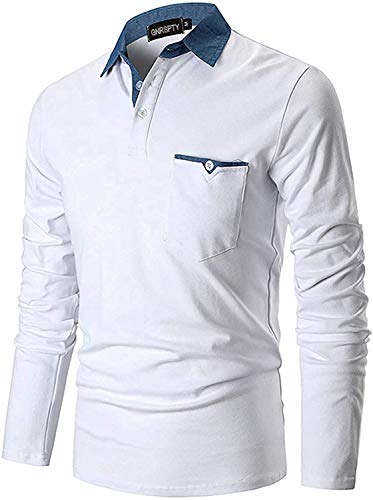 GNRSPTY Polo Hombre Manga Larga Denim Cuello Camisetas Algodón Camisas T-Shirt Golf Tennis Otoño Invierno Oficina,Blanco,M