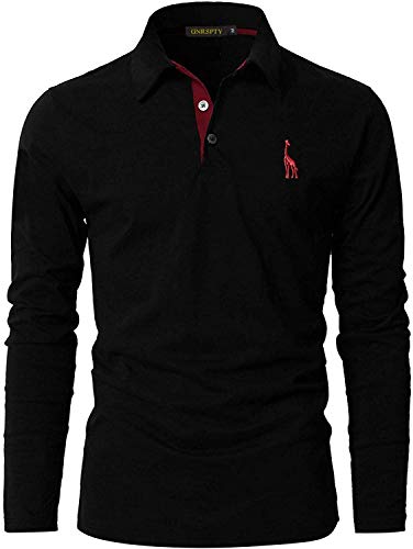 GNRSPTY Polo Manga Larga Hombre Algodon Slim Fit Camiseta Colores de Contraste Bordado de Ciervo Deporte Basic Golf Negocios T-Shirt Top,Negro,XL