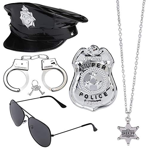 Haichen Conjunto de Accesorios de Disfraces de policía Sombrero de policía Esposas Gafas de Sol Insignia Truncheon Policía de Halloween Detective Juego de Roles Accesorios
