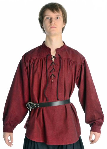Hemad Camisa de algodón Medieval para Hombres - Cuello Alto y Cordones Delanteros – M Rojo Oscuro