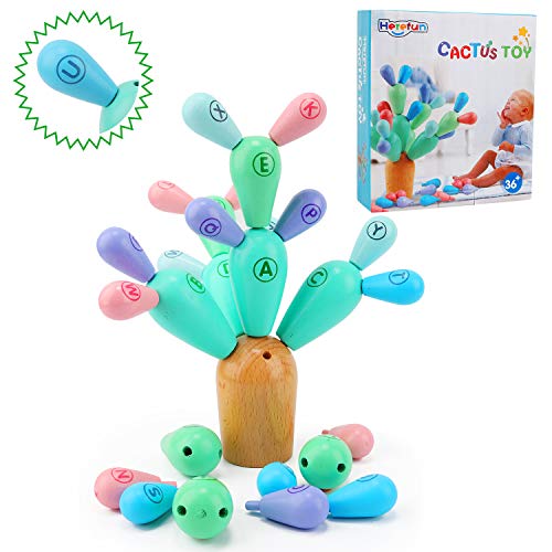 Herefun Montessori - Juguete de cactus, juguete educativo de madera para niños, madera de cactus, bloques de construcción, juego de habilidad para niños y niñas