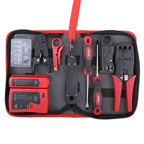 Hi-Spec Kit de Instalación y Reparación de Red con Comprobador Test de Cables de Línea y Conexión, Crimpadora, 19 Herramientas y Accesorios en Estuche con Cremallera