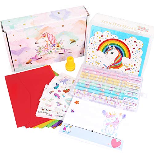 Hifot Set de Papel de Carta Unicornio para Niñas Juego Conjunto Estacionario, Tarjetas, Sobres, Bolígrafo de Color, Pegatinas, Sello, Regalo de Cumpleaños Tarjeta de Invitación