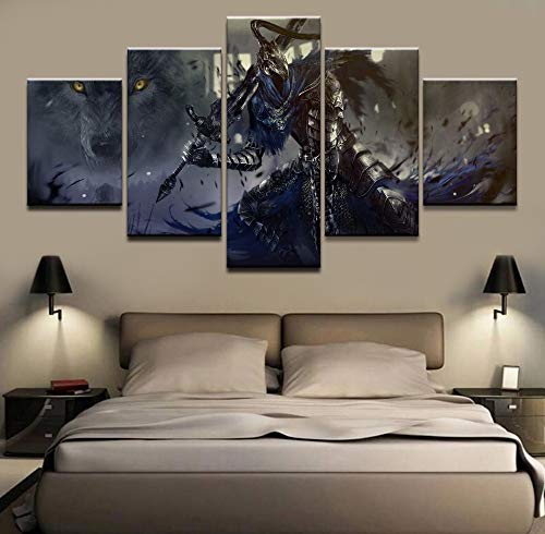 HIMFL Impresiones en Lienzo Juego Dark Souls Warrior 5 Paneles Pintura Mural de la Pared La Imagen para casa Moderno Decoración Imprimir decoración,A,20×35×2+20×45×2+20×55×1