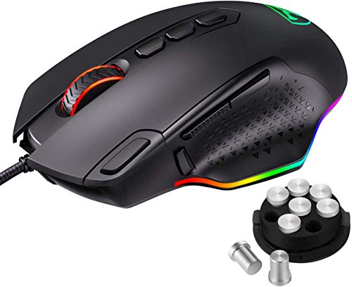 Holife Gaming Mouse RGB, Cable de ratón ergonómico para PC, 12000 dpi 10 Botones programables, Pesos Personalizables, ratón Gamer, Ordenador portátil, Windows Mac, Negro