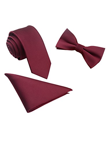 Hombre Pajarita Clásica 6*12 cm & Corbata Estrecha 6 cm & Pañuelo de Bolsillo 3 en 1 Set - Liso Borgoña Rojo