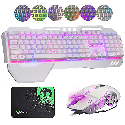 Hoopond combinación de Teclado y ratón con híbrido/RGB 16 Tipos de retroiluminación Teclado de Juego de USB Metal Blanco con Soporte para la Mano + 3200 PPP Ratón óptico de 4 Colores para Respirar