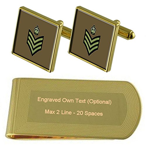 Insignia del ejército Rango Sargento de color oro-tono gemelos Money Clip grabado Set de regalo