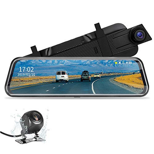 Jansite【2020 Neue Version】 10" Retrovisor Coche Mirror Dash CAM Pantalla táctil Cámara de Respaldo 1080P Front CAM y 1080P Camara Trasera, Sistema de Monitoreo de Marcha Atrás