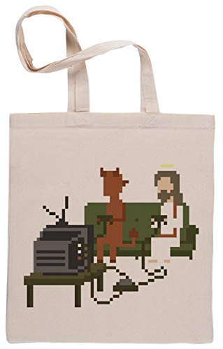Jesús Y Diablo Jugando Vídeo Juegos Pixel Art Bolsa De Compras Shopping Bag Beige