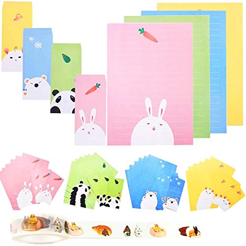 Juego de Papel de Cartas con Sobre,Conjunto de Papel de Escritorio,48 pcs Papel de Cartas+24 pcs Sobres,4 Modelos Diferentes,para Niñas Tarjetas de Felicitación Artesanía y Invitaciones