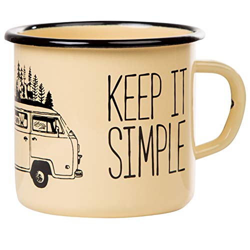 Keep it simple - Take it easy | Taza esmaltada en beige con diseño de furgoneta de camping | Taza retro resistente y ligera para camping y senderismo | Taza de café de 330 ml
