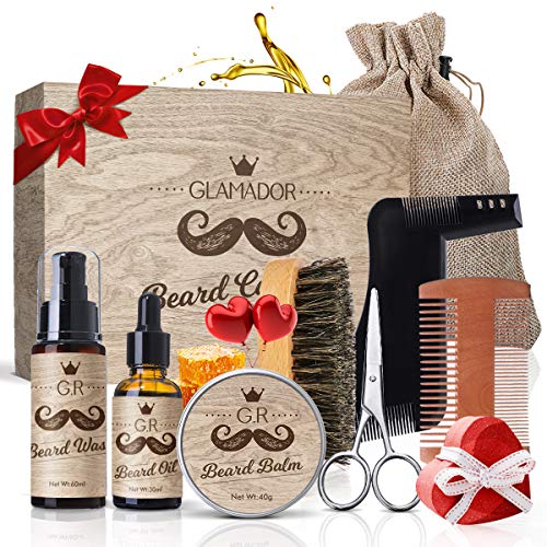 Kit Cuidado de Barba 9pcs GLAMADOR -Cuidado Barba Hombre con Aceite Barba,Bálsamo,Champú,Peine, Peine de Plantilla,Cepillo, Tijeras,Bolsa-Regalo Hombre Original, Mejores Regalos San Valentín