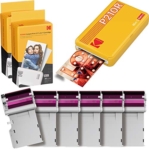 Kodak Mini 2 Retro Impresora Fotográfica Instantánea Portátil Retro, Conexión Inalámbrica, Compatible con iOS, Android Y Bluetooth, Foto Real 2.1 ”X3.4”, Tecnología 4Pass – 68 Fotos – Amarillo
