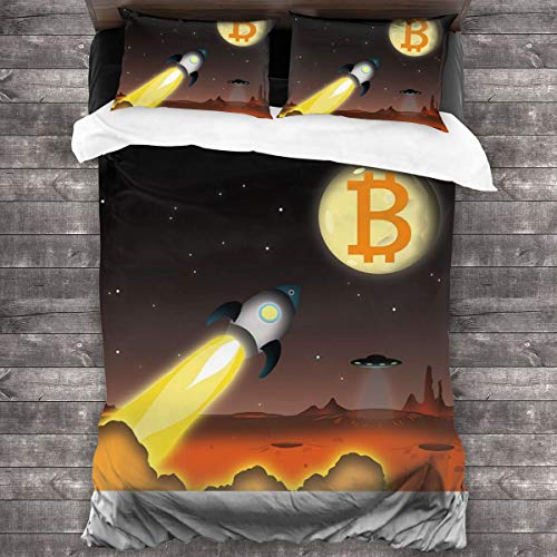 KUKHKU Bitcoin Going To The Moon Juego de cama de 3 piezas, funda de edredón de 86 pulgadas x 70 cm, juego de cama de 3 piezas decorativas con 2 fundas de almohada