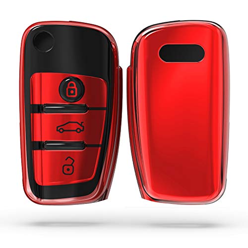 kwmobile Funda para Mando Compatible con Audi Llave de Coche Plegable de 3 Botones - Funda TPU Llave con Botones de Llave de Auto - Negro Brillante/Rojo Brillante