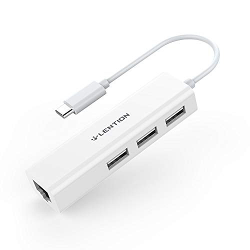 lention Hub USB-C a 3 Puertos USB + Adaptador RJ45 Ethernet LAN para Apple MacBook Air 2018, MacBook Pro 13/15 (Puerto Thunderbolt 3), MacBook 12, Chromebook, Surface Go, Más (Blanco)