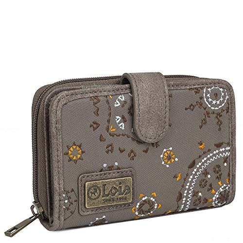 Lois - Cartera Estampada con Bordados para Mujer con Motivos Mandala. Lona y Cuero PU para Uso Diario con Cierre Cremallera y Botón Protección RFID 304414, Color Marron Lois - Cartera Estampada con Bordados para Mujer con Motivos Mandala. Lona y Cuero PU para Uso Diario con Cierre Cremallera y Botón Protección RFID 304414, Color Marron