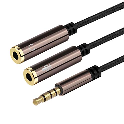 LoongGate Trenzado de Nylon Auriculares estéreo Jack Mic y Audio Combo Cable Adaptador, 4-Polo de 3,5 mm Macho a 2X 3,5 mm -CTIA 30cm