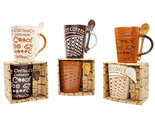 Lote de 12 Tazas de Cerámica Decorativas con Cuchara"Coffee" (Surtidas) en Caja. Recuerdos. Regalos Originales. Detalles de Bodas, Comuniones, Bautizos, Cumpleaños. DC