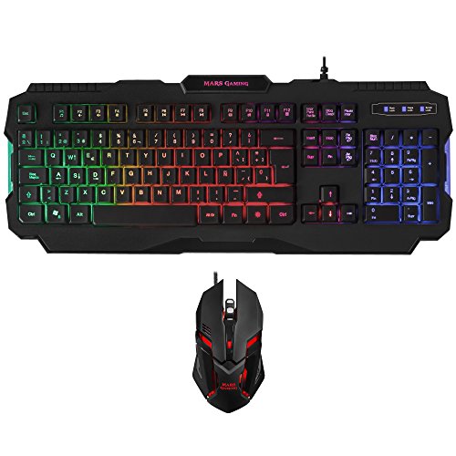 MARSGAMING Pack Gaming de Teclado y ratón (iluminación RGB, 15 Teclas de función, antighosting, 4000 dpi, Sensor óptico, 6 Botones)