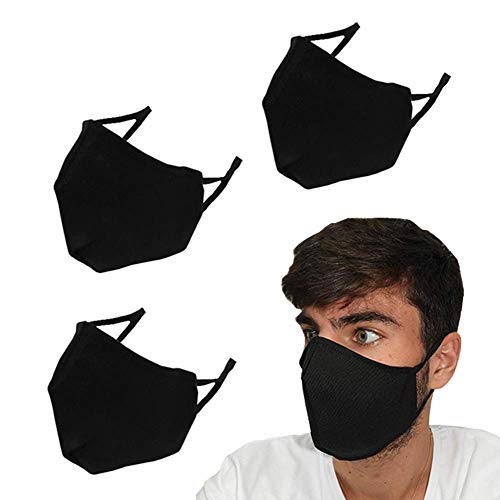 Mascarilla de tela unisex higiénica, lavable y homologada para adultos. Pack de 3 lisas, estampadas y reversibles en diferentes tallas (Adulto M, Pack 3 - Negro)