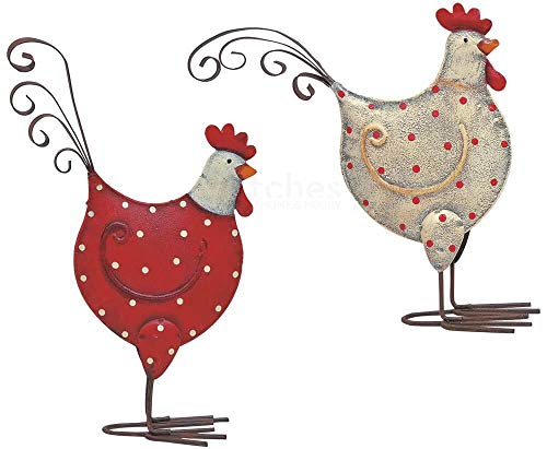 Matches21 - Juego de 2 figuras decorativas de gallinas y gallinas de Pascua, decoración primaveral, figuras de metal en blanco y rojo con lunares, 14 x 16 cm