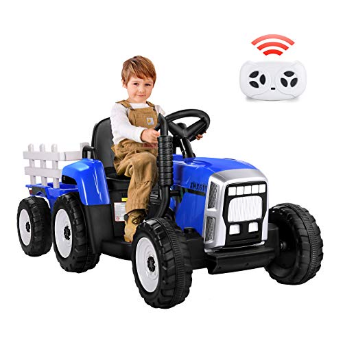 METAKOO Tractor Eléctrico 12V 7Ah 2+1 Cambio de Marchas, Tractor Juguete de Montar con Faro de 7 LED, Botón de Bocina/Reproductor MP3/ Bluetooth/Puerto USB/Control Remoto para Niño 3-6 años (Azul)