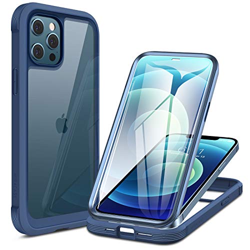 Miracase 360 grados Funda Compatible con iPhone 12/12 Pro (6.1 pulgadas) Funda de cuerpo completo con protector de pantalla de cristal integrado, resistente a los golpes, azul