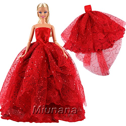 Miunana 1 Moda Vestido Boda Novia Vestir Fiesta Partido Noche y Ropa para Muñeca Barbie Doll Regalo Navidad-Rojo
